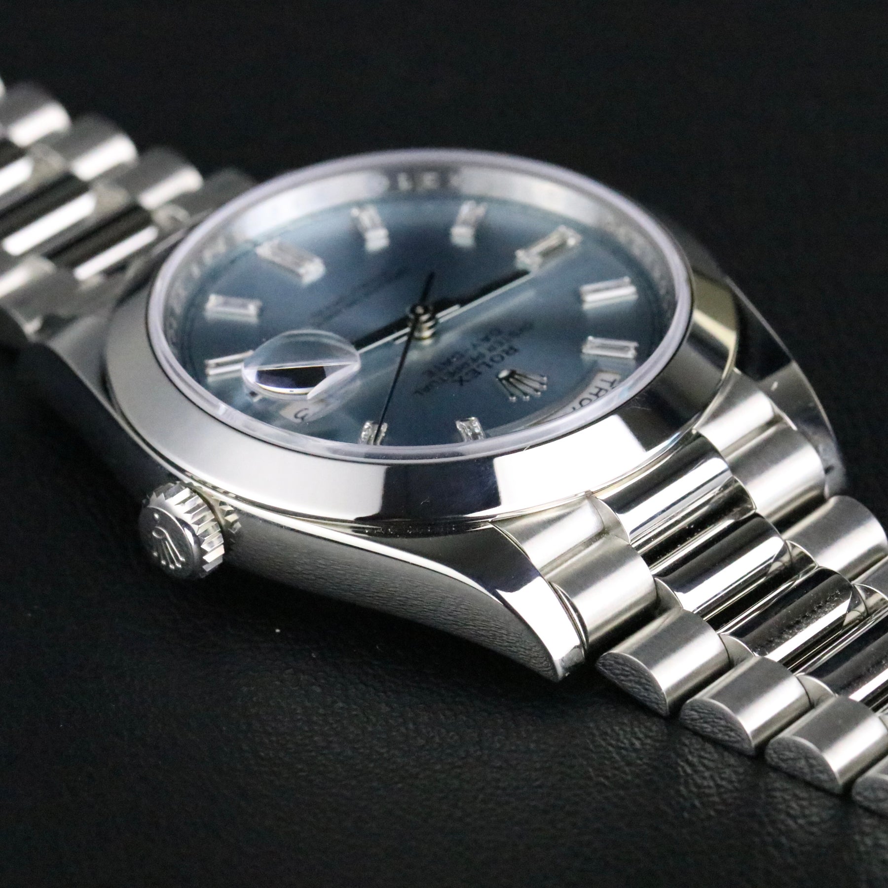 2018 Rolex 228206 Platinum Daydate 40mm Ice Blue Baguette Diamond Dial