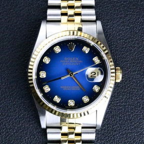1997 Rolex 16233 Datejust 36mm No Holes Case with Blue Vignette Diamond Dial