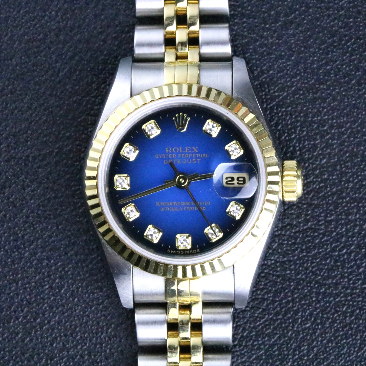 1996 Rolex 69173 Datejust 26mm Blue Vignette Diamond Dial No Holes Case