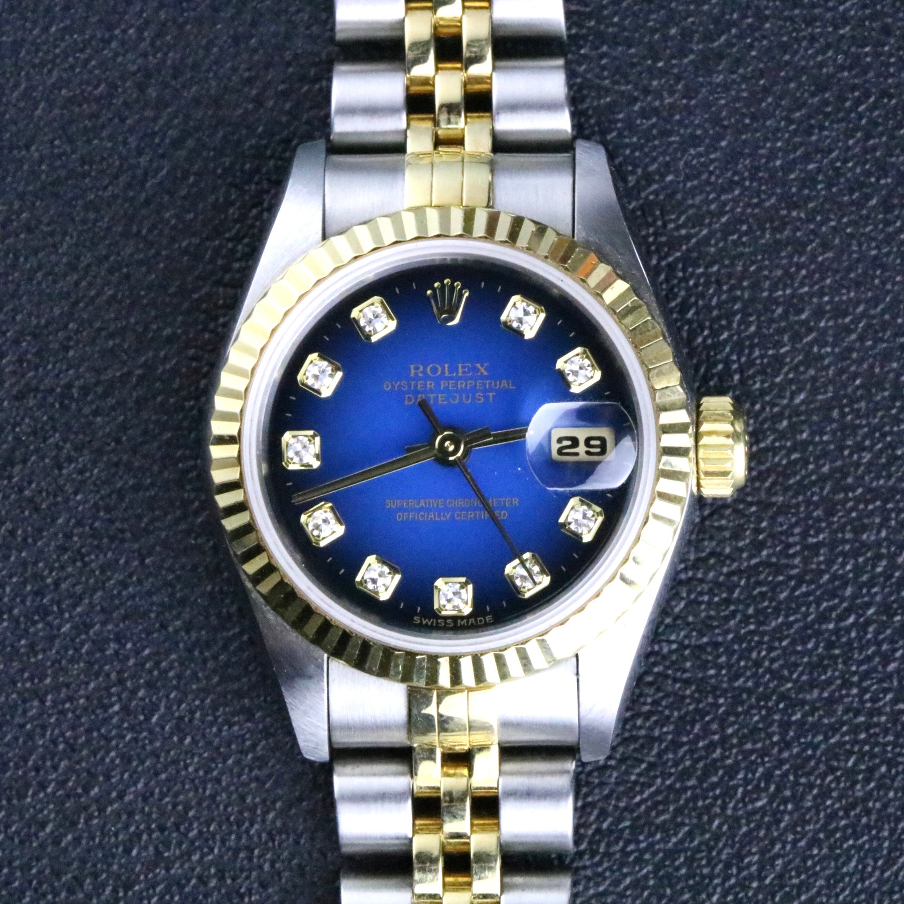 1996 Rolex 69173 Datejust 26mm Blue Vignette Diamond Dial No Holes Case