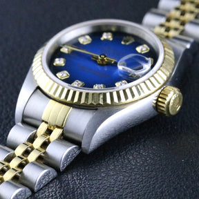 1996 Rolex 69173 Datejust 26mm Blue Vignette Diamond Dial No Holes Case